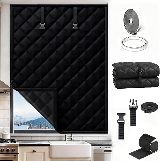 Window Insulation Kit for Winter, Thermal Curtain with Heavy Cotton Oxford Cloth, 20"28"32"36"48"72" Cold Weather Insulated Window Cover for Bedroom RV Attic to Keep Heat Warm(Black,26x24in)