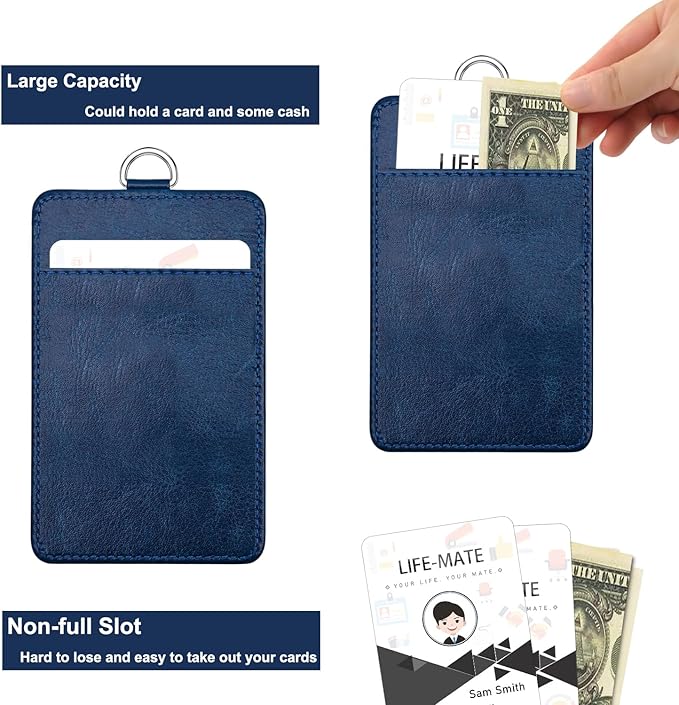 Life-Mate ID Badge Holder with 1 Clear ID Window, 1 Credit Card Slot and PU Leather Lanyard for Badge, Credit Cards, College ID Cards in Blue
