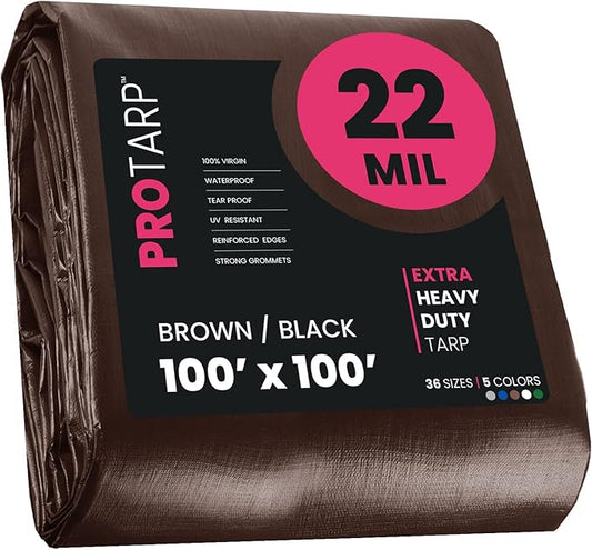 PROTARP Extreme Heavy Duty 22 Mil Tarp Cover, Waterproof, UV Resistant, Rip and Tear Proof, Poly Tarpaulin with Reinforced Edges for Roof, Camping, Patio, Pool, Boat. (Brown/Black 100′ X 100′)