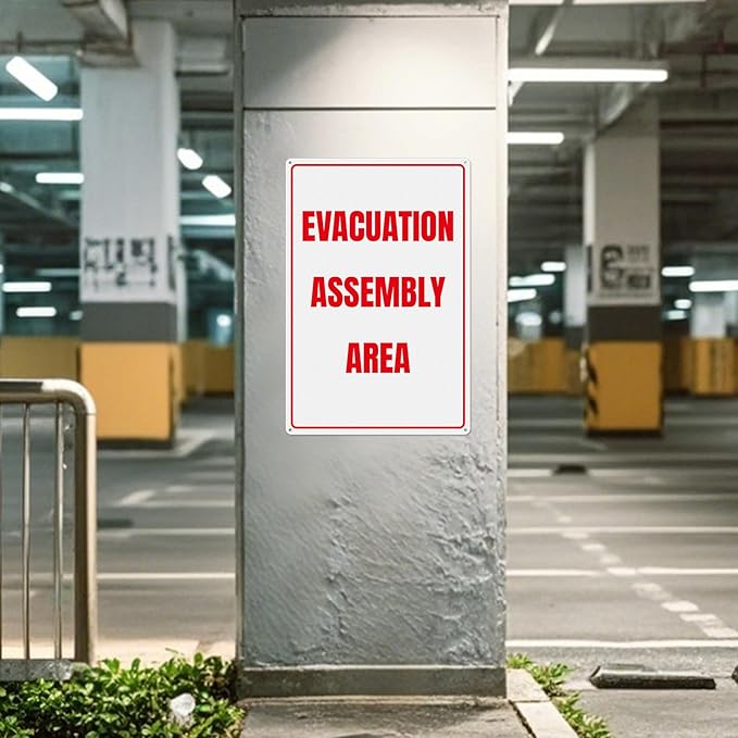 Evacuation Assembly Area Sign 12 × 18 Inches Pre-Drilled Holes Waterproof Signage Aluminum Metal Reflective Warning Notice for Business Factory Warehouse