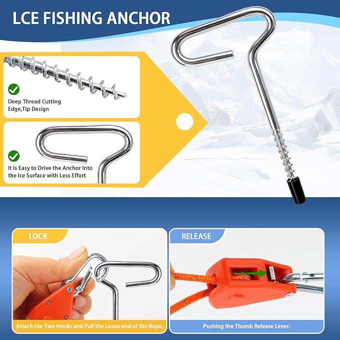 Heavy Duty Ice Anchor Drill Adapter Tool Kit, 15Pcs Stainless Steel Tent Stakes Set with 13FT Ratchet Ropes, Tent Hooks, Canvas Bag for Ice Fishing Shelter Setup(6Pcs Tent Stakes+4Pcs Rope Roller)