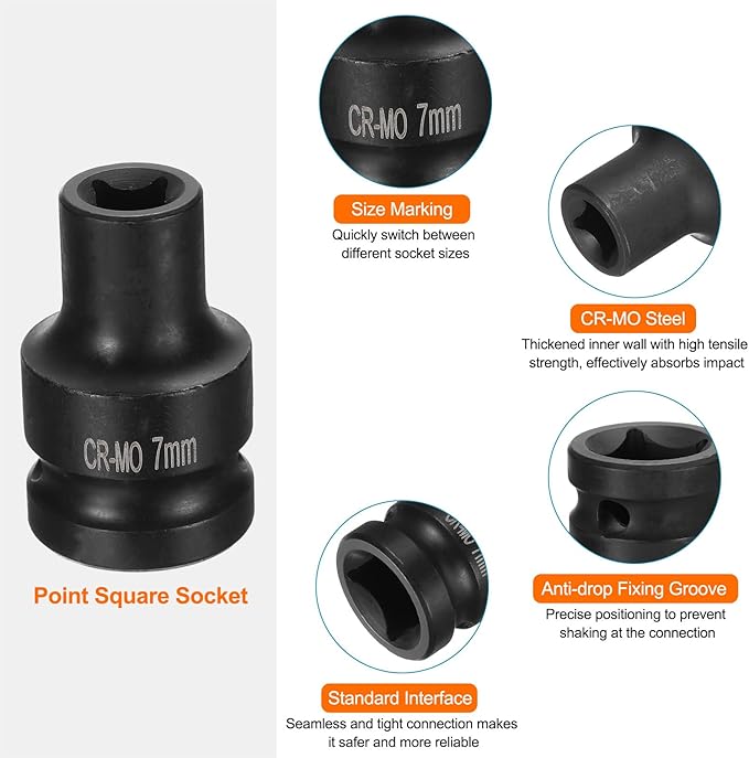 HARFINGTON 4 Point Square Socket 1/2" Drive 7mm Metric Square Impact Socket CR-MO Blackening Standard Wheel Sockets Pneumatic Socket Tool for Auto Repair Mechanical Maintenance Home Use