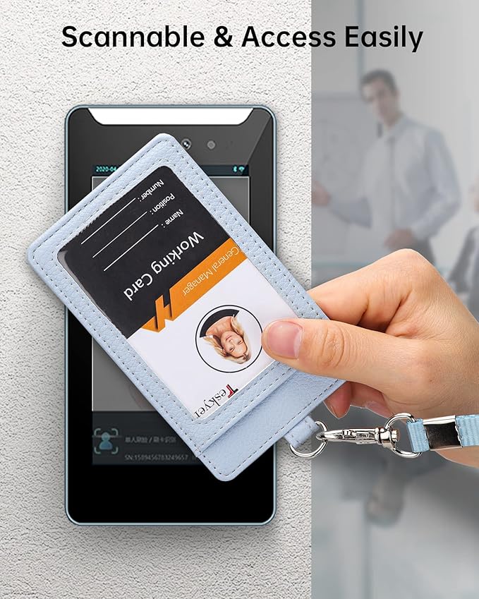 Teskyer Badge Holder with Lanyard, Leather ID Name Badge Card Holder with Lanyard for ID Badges, Vertical, Lychee Pattern Cyan