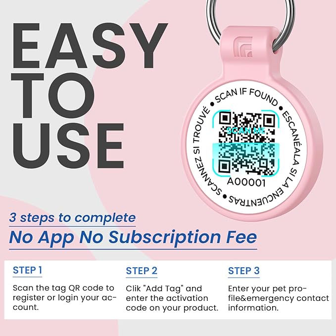 Silicone Dog Tags Personalized for Pets with QR Code, Emergency Contact Info, Anti-Lost, Scan Location Alerts(Pink-L)