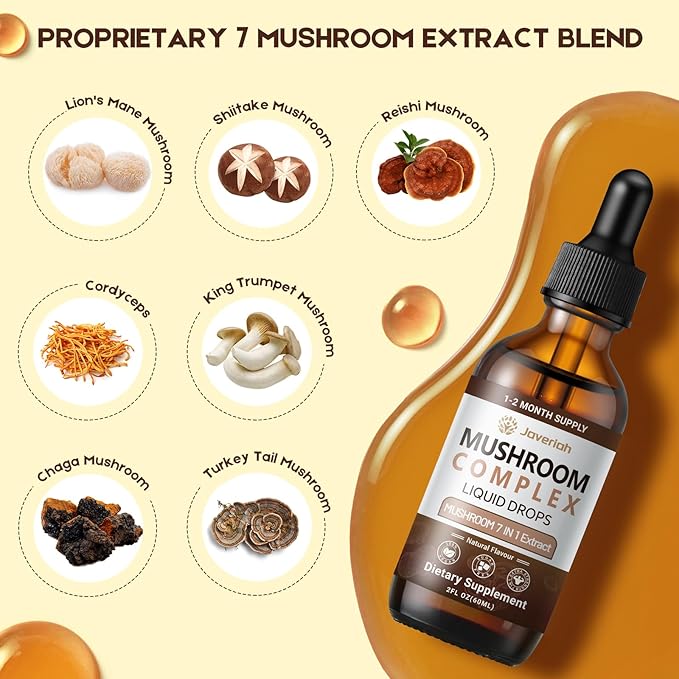 Mushroom Complex Liquid Drops Supplement with Lion's Mane, Shiitake, King Trumpet, Turkey Tail, Reishi, Cordyceps & Chaga,7 in 1 Mushrooms Complex Blend Tincture 2 fl oz