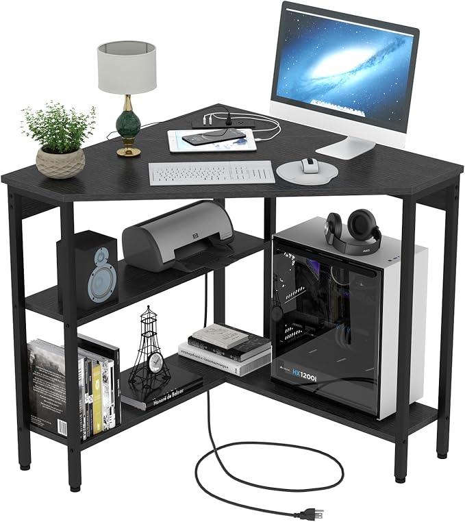 Auromie Corner Desk with Outlets & USB Ports, 90 Degree Triangle Corner Table with CPU Stand & Storage Shelves for Small Space, Computer Table with Charging Station for Home Office Bedroom (Black)