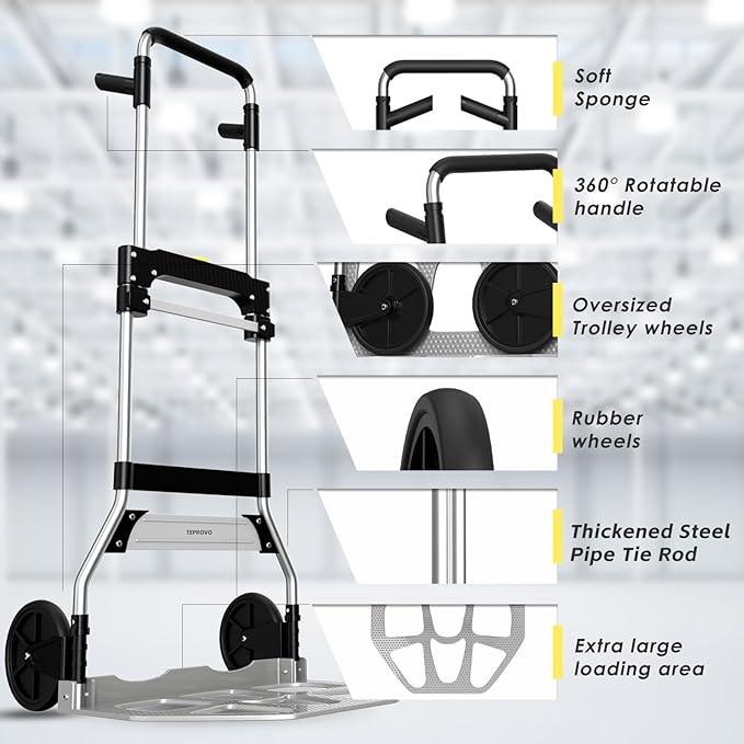 Folding Hand Truck Dolly Cart,340LB Capacity Portable Aluminum Dolly Cart with Telescoping Handle and 7 Inch Rubber Wheels for Moving,Shopping,Travel,Office Use