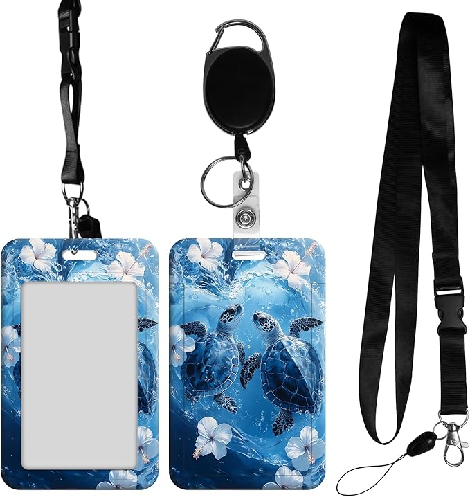 ID Badge Holder with Retractable Lanyard for Women & Men,Vertical ID Card Holder Wallet,Clear Window&Card Slot,Detachable Neck Strap for Nurse Teacher Office,Ocean Turtles & Hibiscus