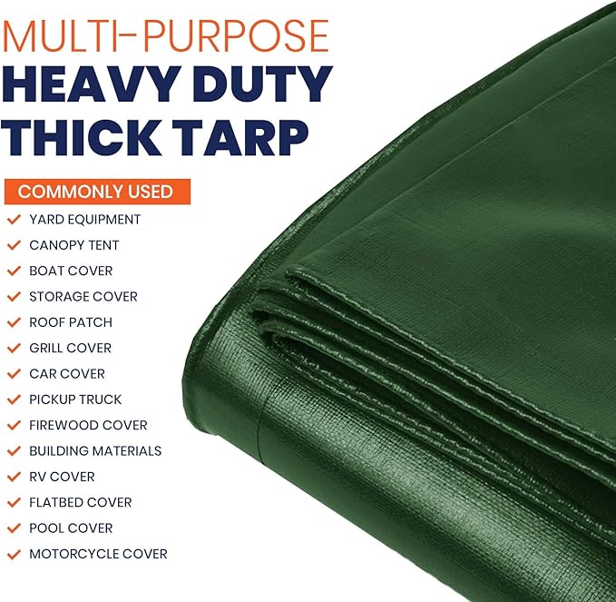 Tarpco Safety Extra Heavy Duty 14 Mil Tarp Cover, Waterproof, UV Resistant, Rip and Tear Proof, Poly Tarpaulin with Reinforced Edges for Roof, Camping, Patio, Pool, Boat (Green/Black 10′ X 10′)