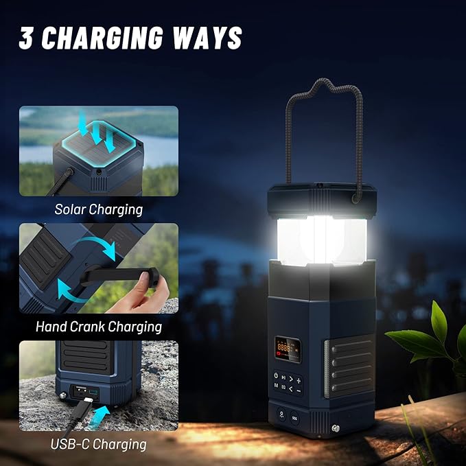 Libovgogo DF-585 Emergency LED Camping Lantern,IPX5 Waterproof Stereo Bluetooth Speaker,Hand Crank NOAA Weather Alert Radio with Solar,Portable AM FM Radio with Flashlight,5000mAH Cell Phone Charger