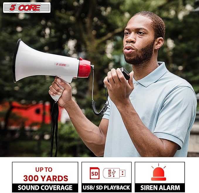 5 CORE 40W Megaphone Bullhorn Cheer Bull Horn Speaker Rechargeable Megaphono 1000 Yard Range Siren Recording USB SD Card AUX Detachable Microphone for Cheerleading, Football, Safety Drills