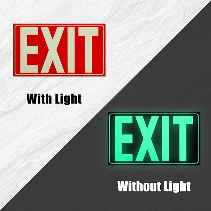 CEYAZYE 10Pcs Glow In The Dark Exit Sign Aluminum, 10"x7" Photoluminescent Emergency Adhesive Signs Sticker for Business Office School Warehouse Fire, Apply to Door, Wall, Window