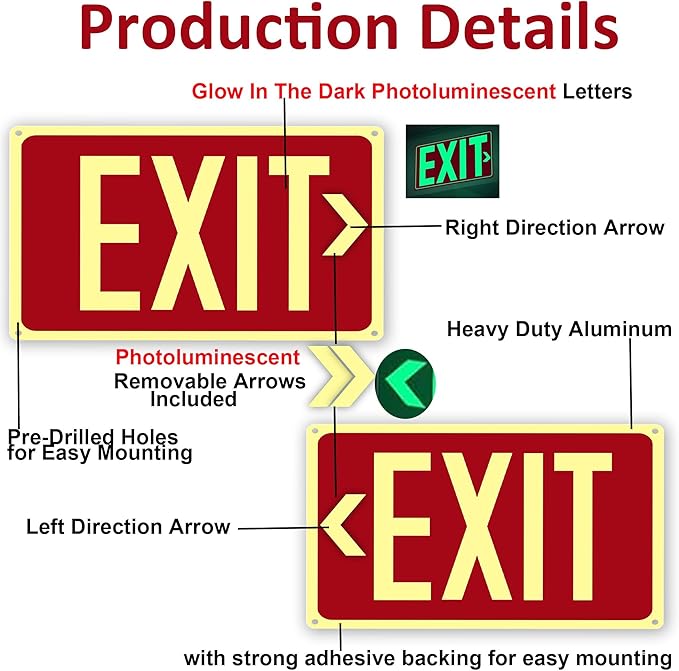 4Pack Photoluminescent Exit Sign Red, 14"x 10" Aluminum Glow In The Dark Exit Signs with Strong Adhesive Backing and 8pcs Removable Directional Arrows Glow In The Dark,Easy to install