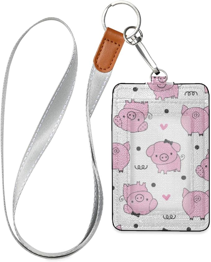 Pig ID Badge Holder with Lanyard, Vertical Leather ID Badge Card Holder for Office Staff, School Teacher and Student