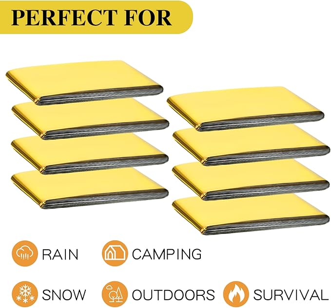 Macarrie 100 Pack Emergency Thermal Blankets Silver Foil Survival Blanket Space Blanket Survival Kit for Outdoors, Camping, Hiking, Homeless, Survival or First Aid (Gold)