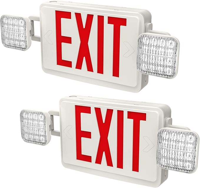 2 PACK LED Exit Sign Battery Backup with Emergency -EXIT Sign with 2 Adjustable Head Lights and Back Up Batteries- Emergency Exit Lighting, UL 924,120-277 VAC.