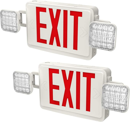 2 PACK LED Exit Sign Battery Backup with Emergency -EXIT Sign with 2 Adjustable Head Lights and Back Up Batteries- Emergency Exit Lighting, UL 924,120-277 VAC.