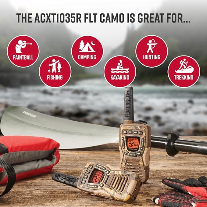 Cobra ACXT1035R FLT CAMO Waterproof Walkie Talkies - Rechargeable, Floats, 22 Channels, Long Range 37-Mile Two-Way Radio Set (2-Pack)