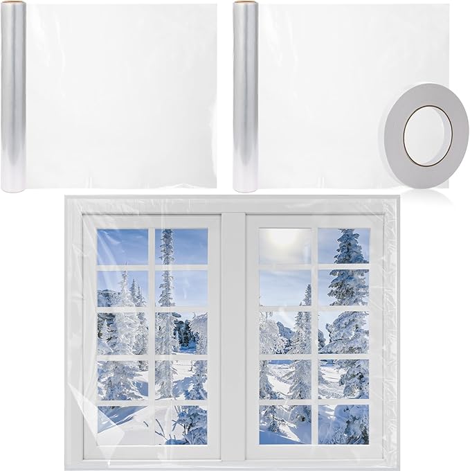 Frienda Window Insulation Kit for Winter Each Roll 62 x 210 Indoor Window Plastic Insulation Kit with Double Sided Tape Clear Shrink Covering Film(2 Roll)
