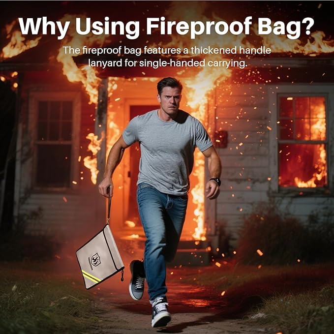 Fireproof Document Bag, 15 x 11 Inch Waterproof Documents Holder 2000℉ Safe for Important File Money Cash Legal Papers, Two Pockets Dual Zippered File Bag with Hand-held Strap & Reflective Strip