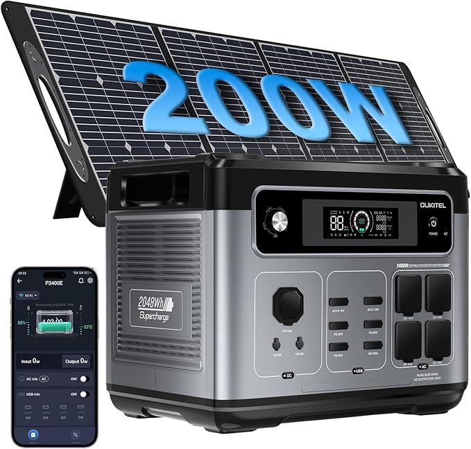 OUKITEL P2001 PLUS 2400W Power Station with 200W Solar Panel, 2048Wh Solar Generator(Peak 5000W) 1.5Hrs Fast Full Charging APP Control Emergency LiFePO4 Battery for Home Backup Camping RVs