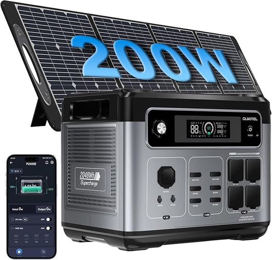 OUKITEL P2001 PLUS 2400W Power Station with 200W Solar Panel, 2048Wh Solar Generator(Peak 5000W) 1.5Hrs Fast Full Charging APP Control Emergency LiFePO4 Battery for Home Backup Camping RVs
