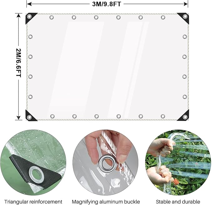 Clear Tarps Heavy Duty Waterproof, 15Mil Transparent PVC Vinyl Tarpaulin with Grommets, Ropes, Reinforced Edge, Tear-Resistant, Anti-UV for Greenhouse, Patio, Garden, Porch, Pavilion, Outdoor