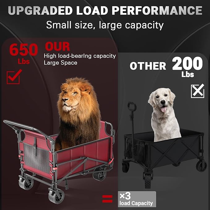 LEVELEVE Heavy Duty Folding Wagon - 2-in-1 Collapsible Cart, 650lb Capacity, All-Terrain Wheels w/Brakes & Side Pockets