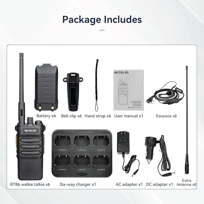 Retevis RT86 Work Walkie Talkies Long Range with Earpiece and Long Antenna,Professional 2 Way Radio for Business with 6 Way Charger,2600mAh,Heavy Duty Two Way Radios for Warehouse Jobsite(6 Pack)
