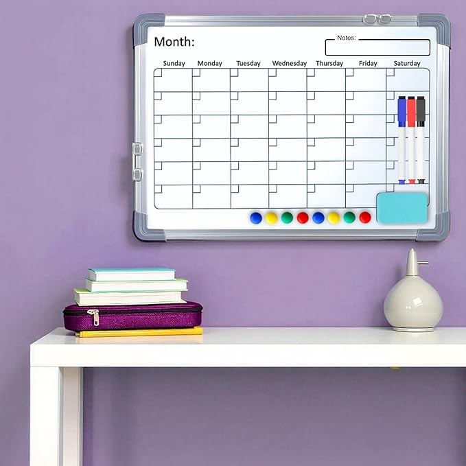 Large White Board Calendar Dry Erase Planner -Dual Side Magnetic Whiteboard for Fridge -Family Calendar Planning Boards w/Movable Hooks - Monthly Whiteboard with Lines, Memo, Pens & Eraser (16x12)