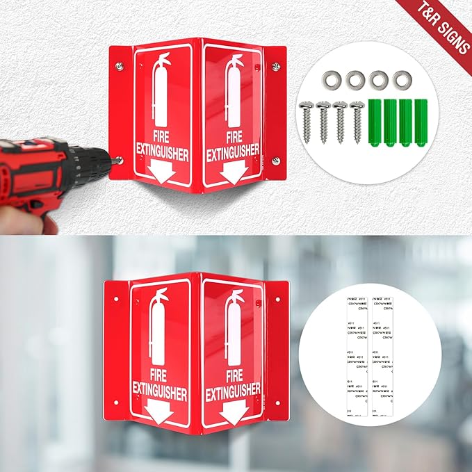 T&R Fire Extinguisher Sign, Fire Extinguisher with Down Arrow - 4 Pack - 8 x 6 Inches Acrylic, 4 pre-drilled holes, Includes Matching Screws, Use for Home Office/Business