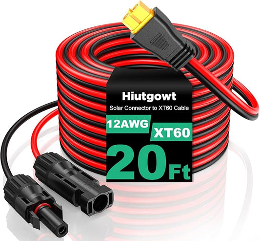 12AWG XT60 Solar Cable 20FT, Solar to XT60 Cable 3 10 15 25 30 40 50FT, Solar Panel Connector to XT60 Extension Cable, XT60 Charging Cable for Portable Power Station Generator - 20Ft