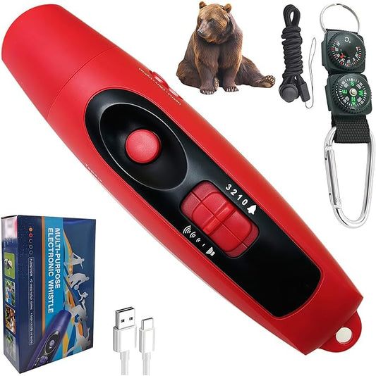 Rechargeable Bear Horn to Scare Bears, 125dB Electronic Air Horn with LED Flashlight & Compass & Thermometer, Electronic Whistle Bear Bells for Safety Hiking Camping Emergency Self Defense