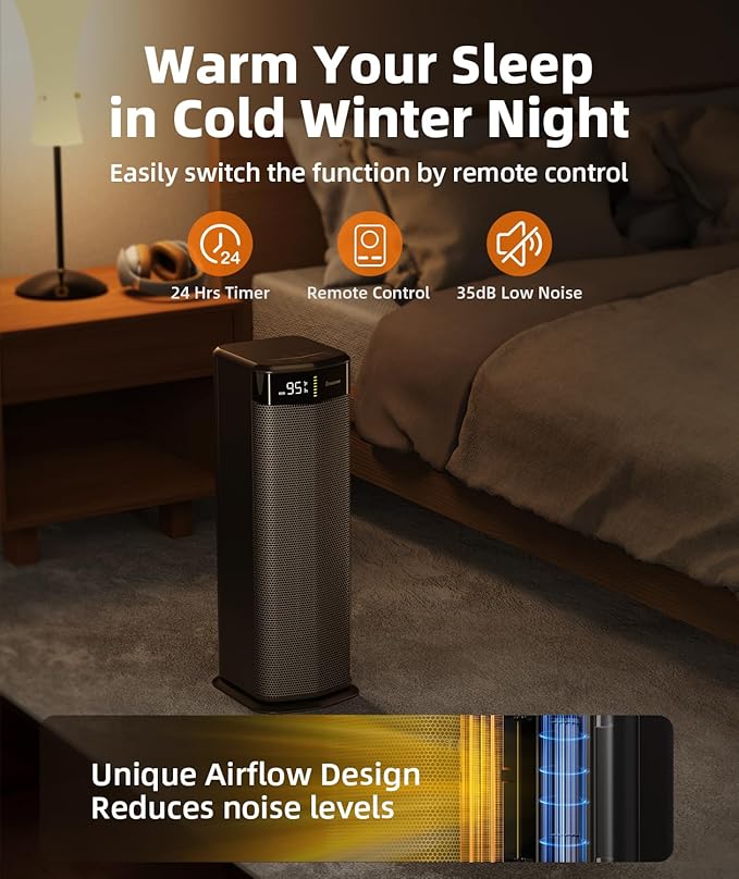 BREEZOME Space Heater for Indoor Use, 1500W Fast Heating Electric Heater with Thermostat & 24H Timer, 90°Oscillating PTC Ceramic Heater, Portable Room Heaters for Home Bedroom Office, Dark Grey