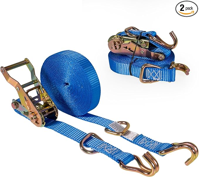 US Cargo Control J Hook Ratchet Straps 1" x 15' (2-Pack), 1 Inch Ratchet Straps with Double J-Hooks & D-Rings, 1,320 LBS Break Strength, Versatile Cargo Tie Downs for Pickup Trucks, Trailers, & More