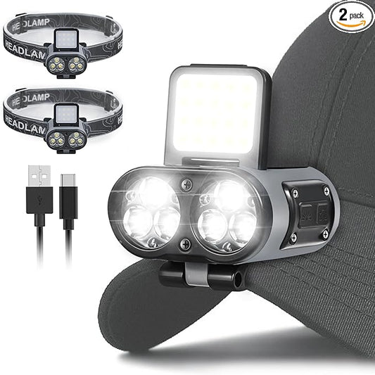 LED Hat Light, 2 pcs 900lm Dimmable Clip on Cap Lights, Headlamp Rechargeable, 180°Adjustable Hands Free Hat Flashlight Headlamp Waterproof for Hiking, Running, Fishing, Cycling, Emergency (Black)