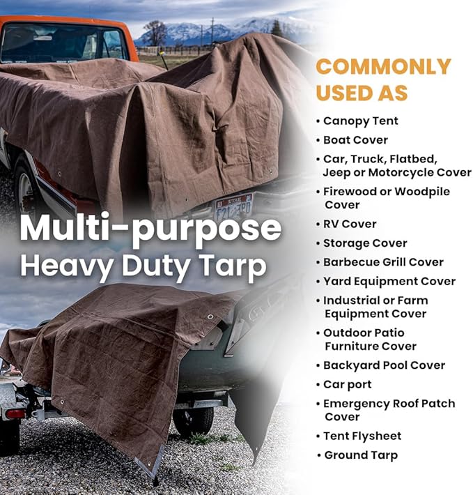WHITEDUCK 12'x14' Canvas Tarp 18 oz/37 Mil Heavy Duty Waterproof UV Resistant, Rustproof Grommets, Industrial & Commercial Use Cloth Tarp (Finished Size: 11'6"x13'6", Brown)