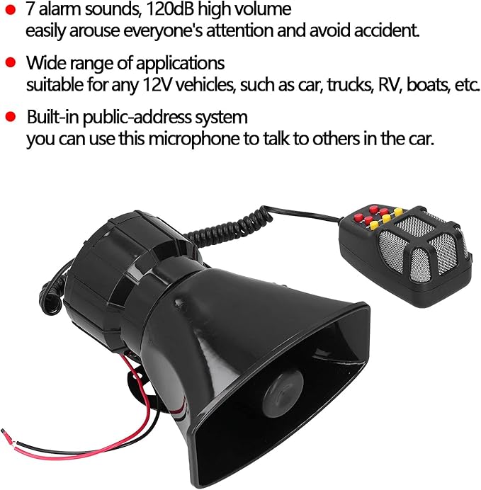 100W Loudspeaker, Car Horn PA Mic 7Sound Siren for Car Truck RV with PA System and Installation Kit, 12V Universal