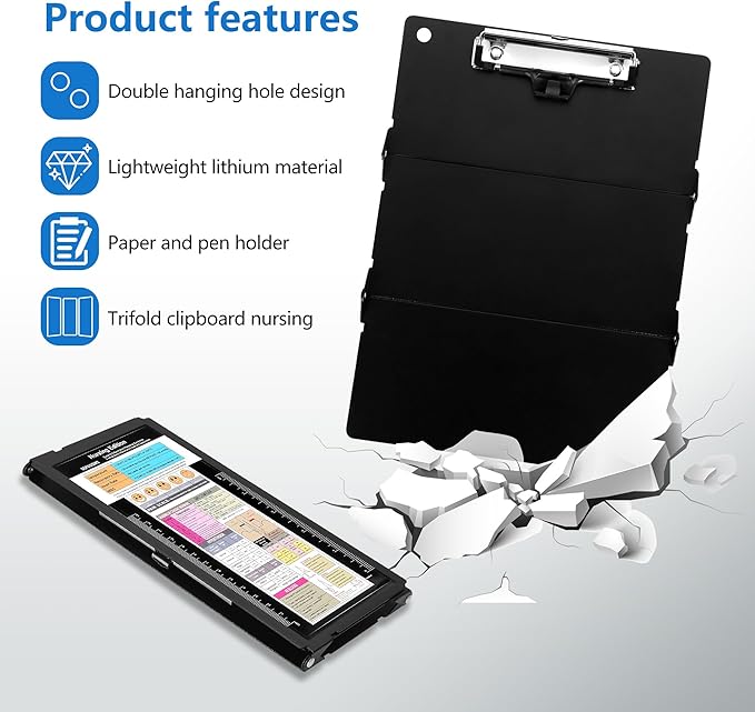 2 Pcs Nursing Foldable Medical Clipboard, Edition Cheat Sheets Lithium 3 Layers Foldable Clipboards Nursing Pocket Size Profile Clip Nurse Clipboards Notepad for Nurses Students and Doctors, Black