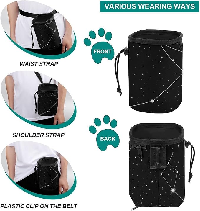 Fashion Dog Training Package, Portable Travel Pet Carrier Bag, Puppy Snack Pocket with Adjustable Waist Belt 3 Ways to Wear Zodiac Constellation Galaxy Black Starry Night Stars Glow Dark Midnight