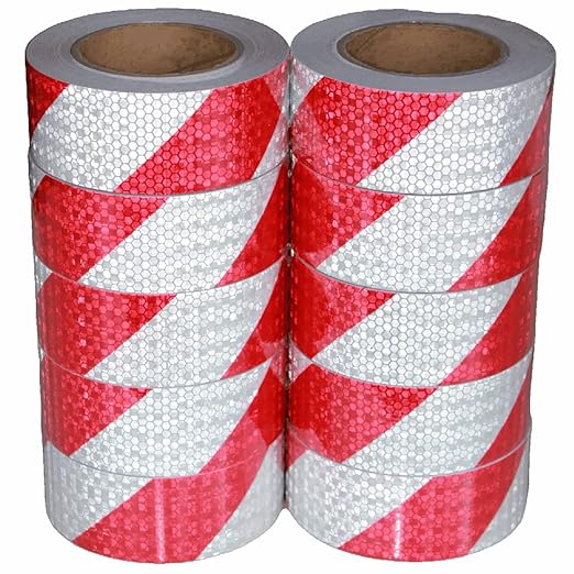 Red and White Reflective Tape 2 inch X 66 feet X 10 Rolls, Outdoor Waterproof Hazard Conspicuity Warning Marking Tape