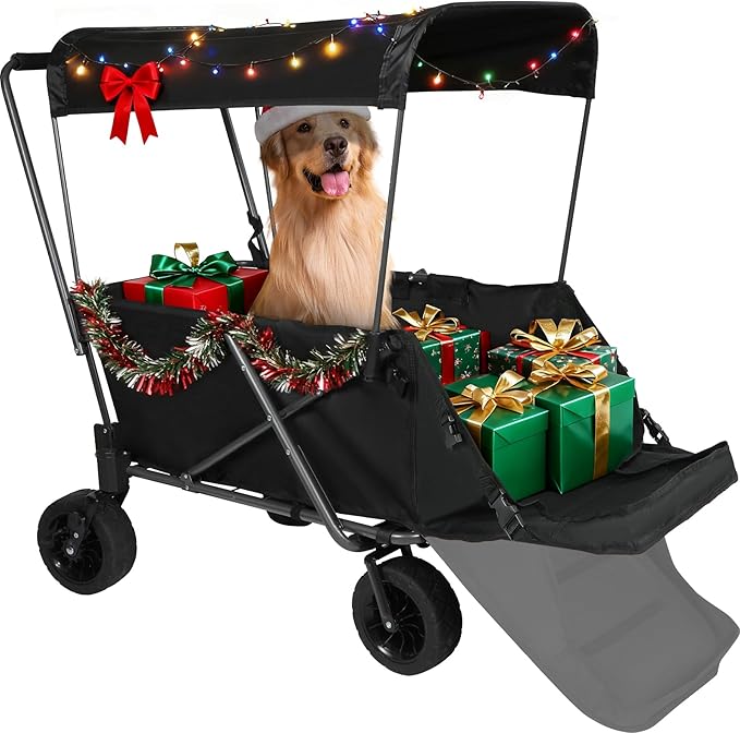 REDCAMP Folding Dog Wagon Cart with Removable Canopy Heavy Duty, 220L Large Collapsible Utility Cart Dog Stroller with Tailgate for Sports Shopping Pet, Black