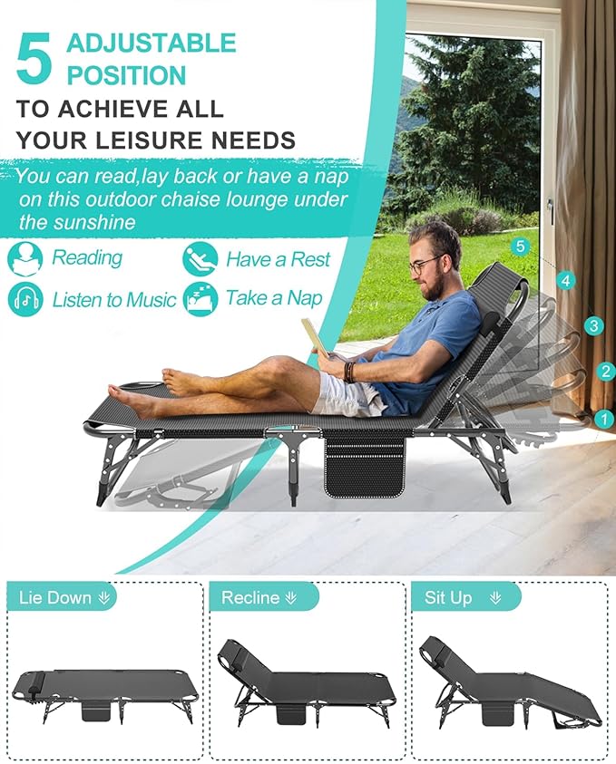 ABORON Patio Lounge Chair, Folding Guest Bed Cot for Adults, 500LB Heavy-Duty Capacity, Portable Extra Bed with Comfort Mat, Quick Fold Design for Indoor Guest Stays & Temporary Use