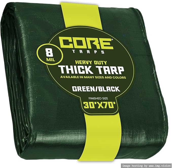 Core Tarps Heavy Duty 8 Mil Tarp Cover, Waterproof, UV Resistant, Rip and Tear Proof, Poly Tarpaulin with Reinforced Edges for Roof, Camping, Patio, Pool, Boat. (Green/Black 30′ X 70′)