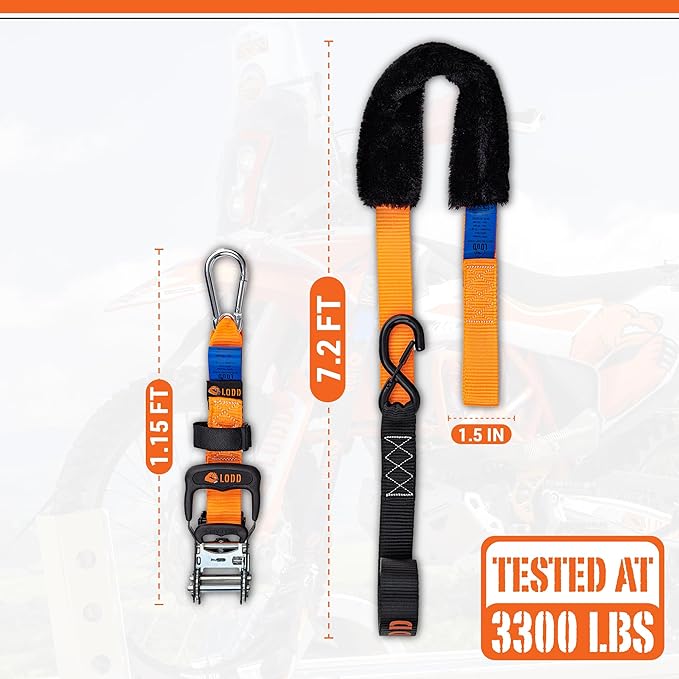 LODD – Motorcycle Tie Down Straps with Ratchets and Soft Sheepskin Loops – 1.5” Wide – 3,300 lbs Strength – Heavy-Duty Steel Hooks – for Motorcycles, Dirt Bikes, ATVs – Carrying Case Included