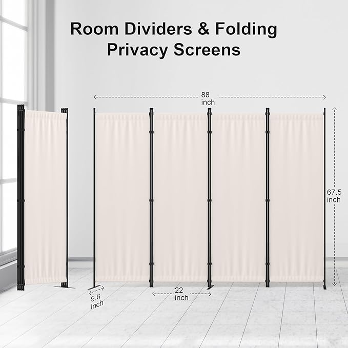 Room Divider 4 Panel Partition Room Dividers & Folding Privacy Screens w/ 3 Metal Feet,88" W Portable Wall Doubles as a Dressing Screen Wall Divider for Office Bedroom Children's Room,White
