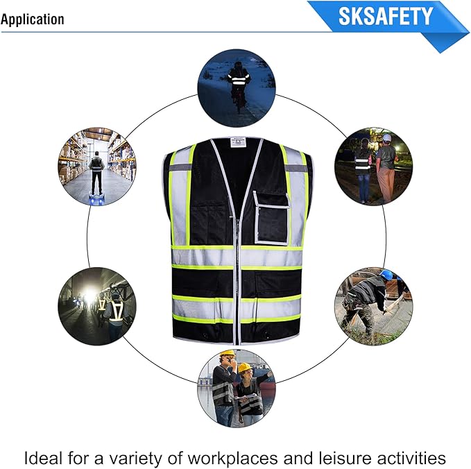 SKSAFETY 10 Pockets Safety Vest, Class 2 High Visibility Security with Zipper, Hi Vis Vest with Reflective Strips, ANSI/ISEA Standard, Construction Work Vest for Men ＆ Women （Black, 3XL）