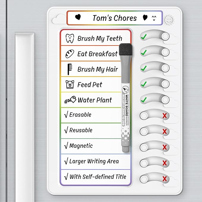 Chore Chart for Kids Dry Erase Chore Board ADHD Tools for Kids to Do List Checklist Task Board Routine Chart Planning Board for Fridge with 10 Sliders and Magnetic Marker, White and Rainbow, 1 Pack