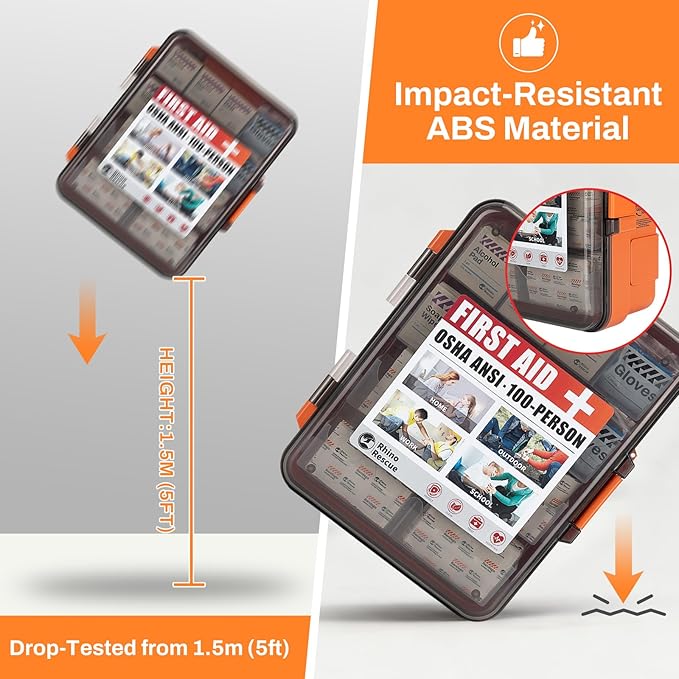 RHINO RESCUE First Aid Kit for Business - Plastic Wall Mounted First Aid Box, Hard Case Emergency Kit for Home, Office, Workshop, Restaurant (Orange)