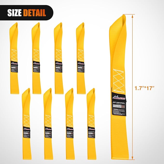 Nilight Soft Loop 1.7”×17" Motorcycle Tie Down Straps Heavy Duty 12000Lbs Max Break Strength for Securing ATV UTV Kayak Moving Cargo (8PK-Yellow)